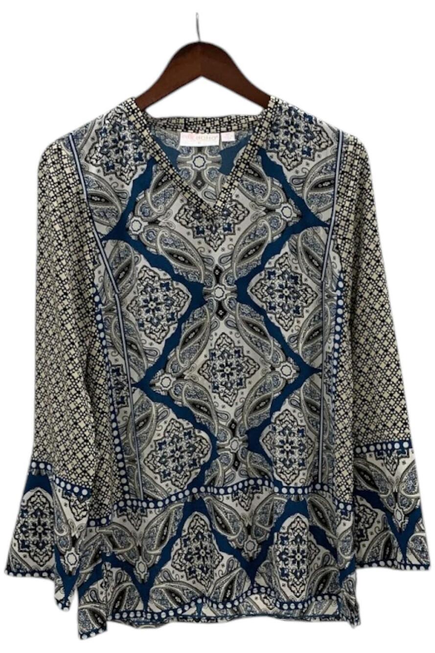 Belle Boho by Kim Gravel Border Print V Neck Tunic Boho Blue - Regular